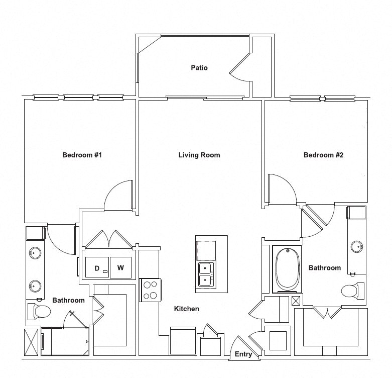Floor plan for 2 beds, 2 baths, 1020 sqft